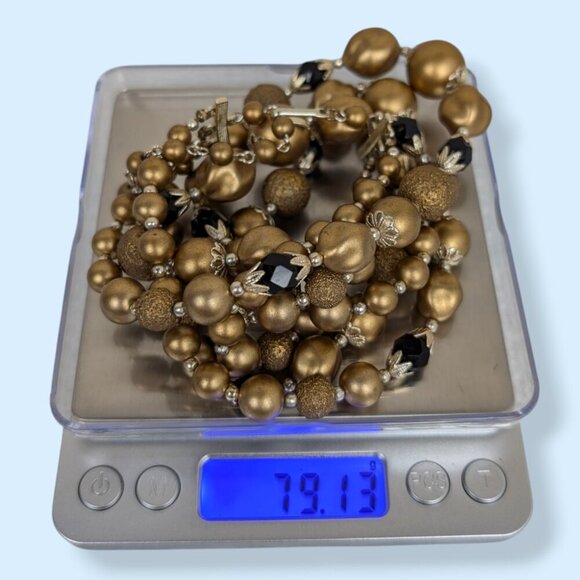 V. 3-Strand Gold & Black Beaded Statement Necklace - Picture 5 of 5